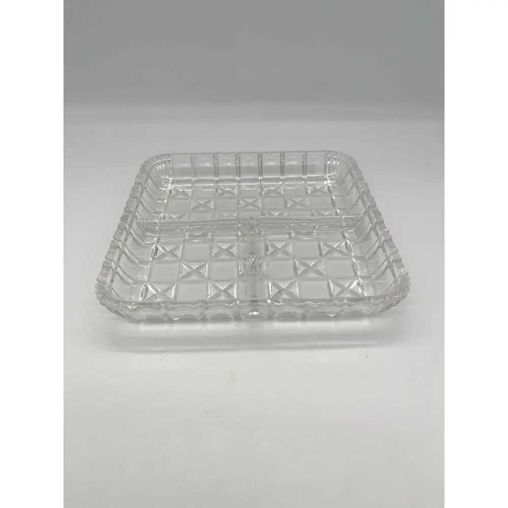 Vintage Indiana Glass Clear Block & Stars 3 Part Square Relish Dish 7”